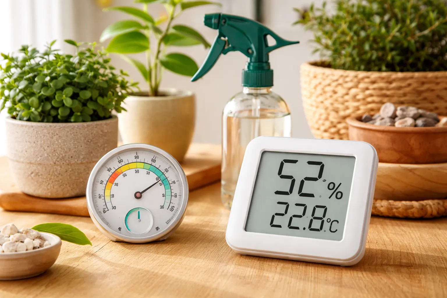Digitale en analoge hygrometer op houten tafel met kamerplanten op de achtergrond.