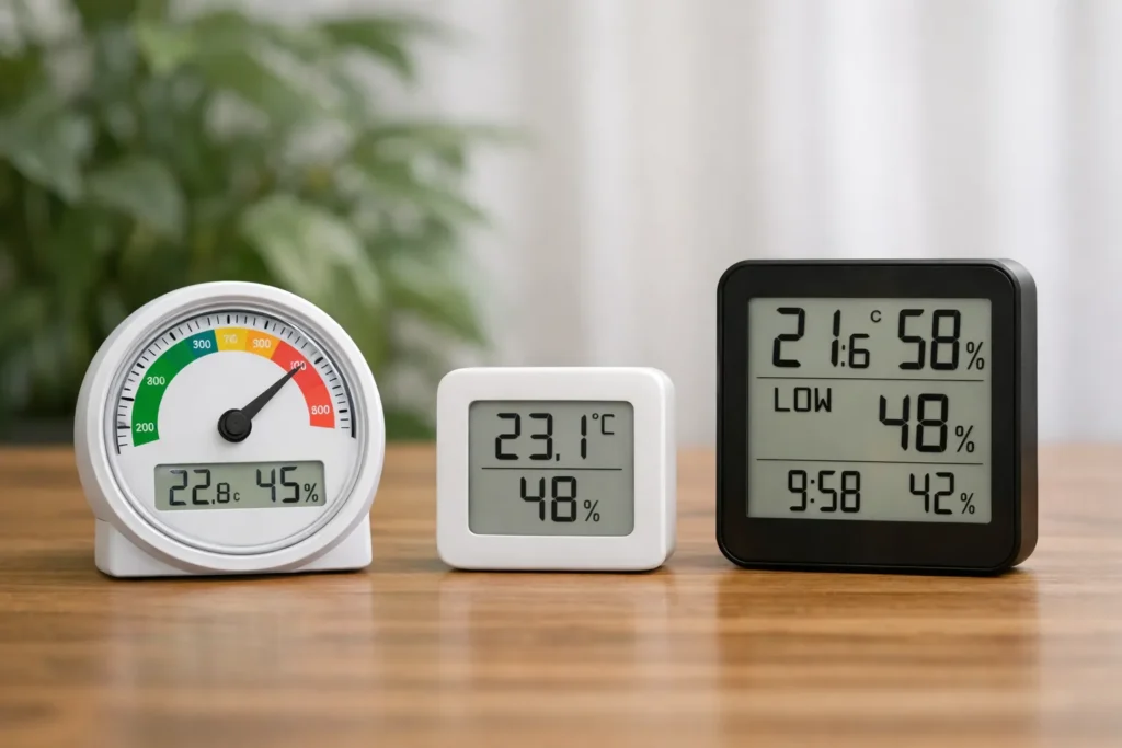 Drie verschillende luchtvochtigheidsmeters op een houten tafel in huiselijke omgeving.