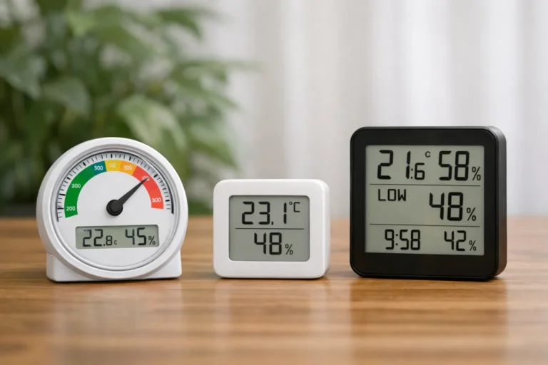 Drie verschillende luchtvochtigheidsmeters op een houten tafel in huiselijke omgeving.