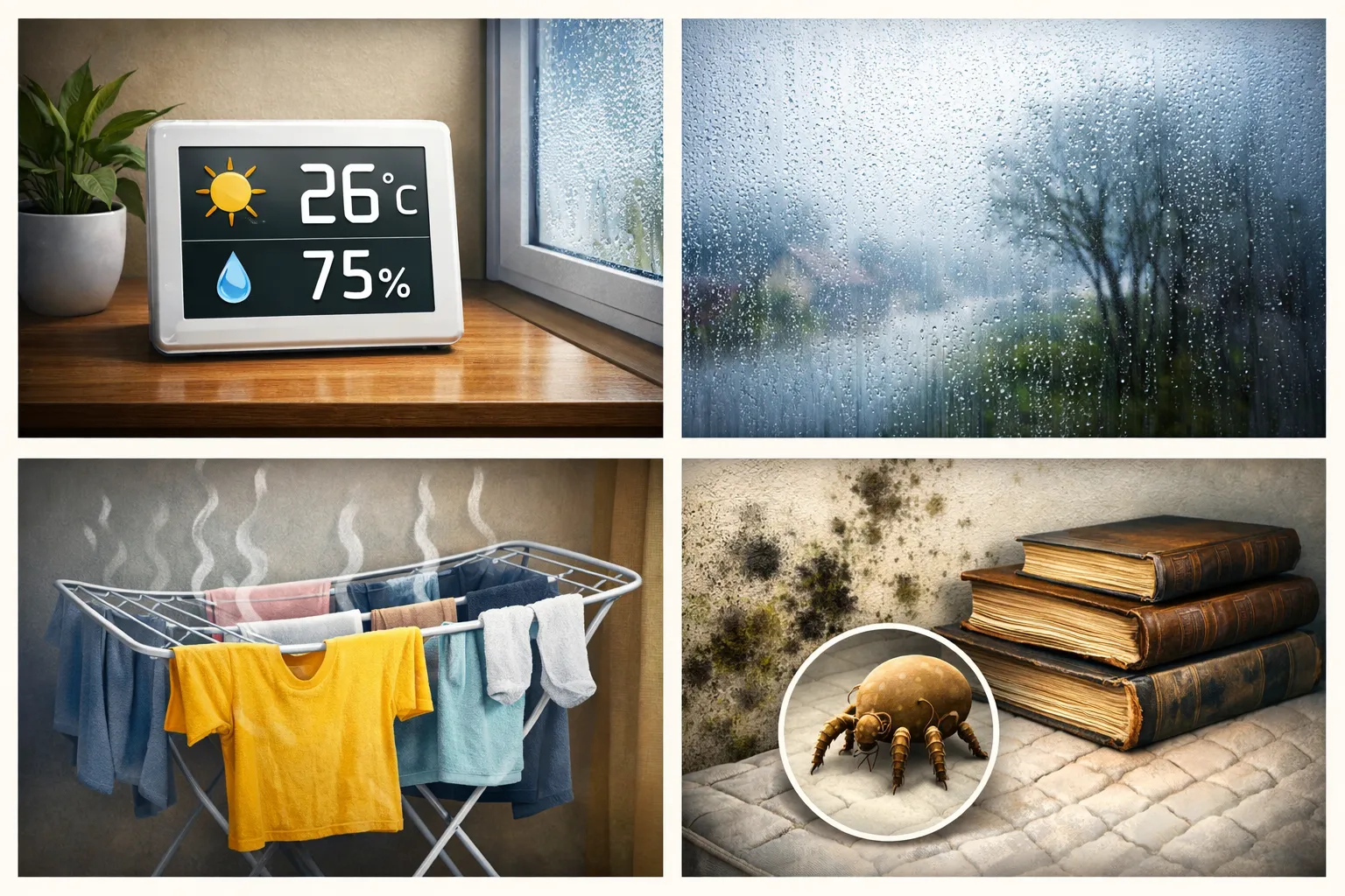 Illustratie met vier niveaus van luchtvochtigheid van droog tot zeer vochtig binnenshuis.