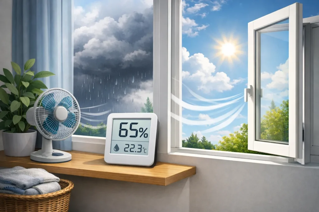 Open raam met hygrometer en wisselend weer buiten, symbool voor ventileren op basis van luchtvochtigheid.