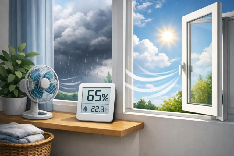 Open raam met hygrometer en wisselend weer buiten, symbool voor ventileren op basis van luchtvochtigheid.