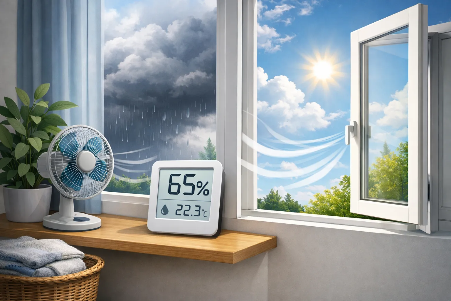 Open raam met hygrometer en wisselend weer buiten, symbool voor ventileren op basis van luchtvochtigheid.
