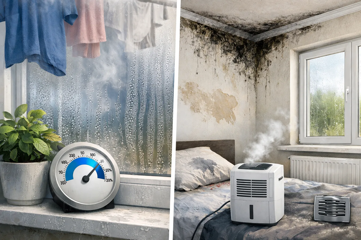 Beslagen raam, natte was en schimmel in slaapkamer door hoge luchtvochtigheid.