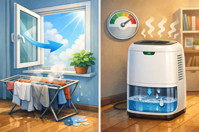 Open raam voor ventilatie en een ontvochtiger die vocht uit de lucht haalt.