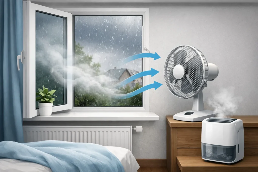 Open raam met regen buiten, ventilator en ontvochtiger in slaapkamer
