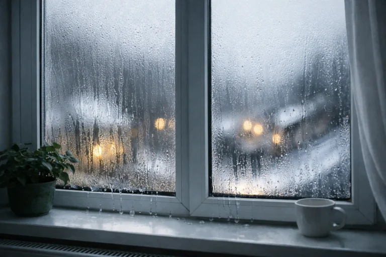 Waterdruppels van condens op een koud raam in de winter