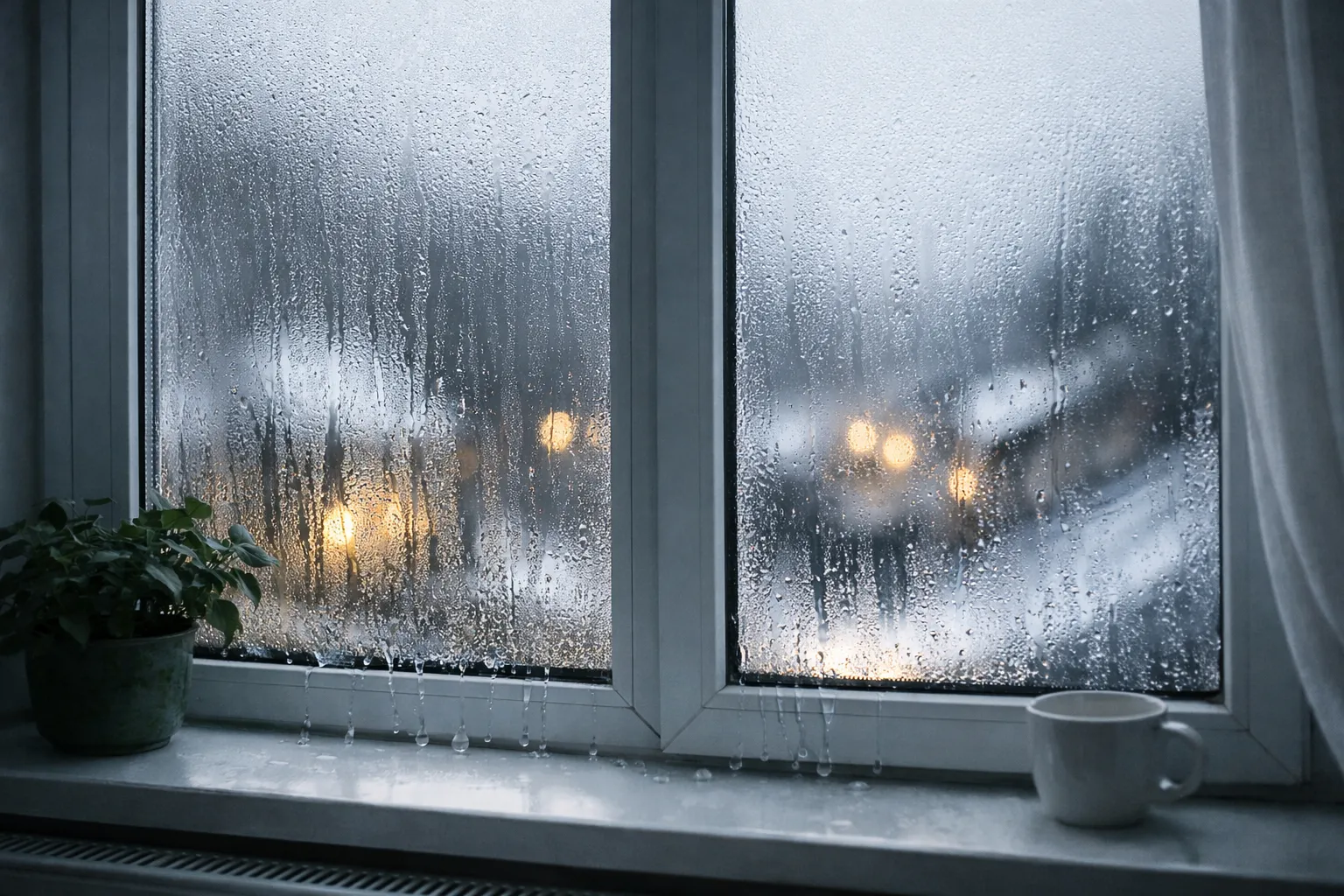 Waterdruppels van condens op een koud raam in de winter