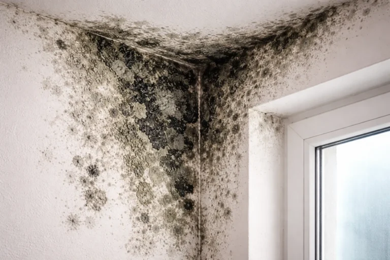 Ernstige schimmelvorming in een vochtige hoek van een kamer bij het raam.