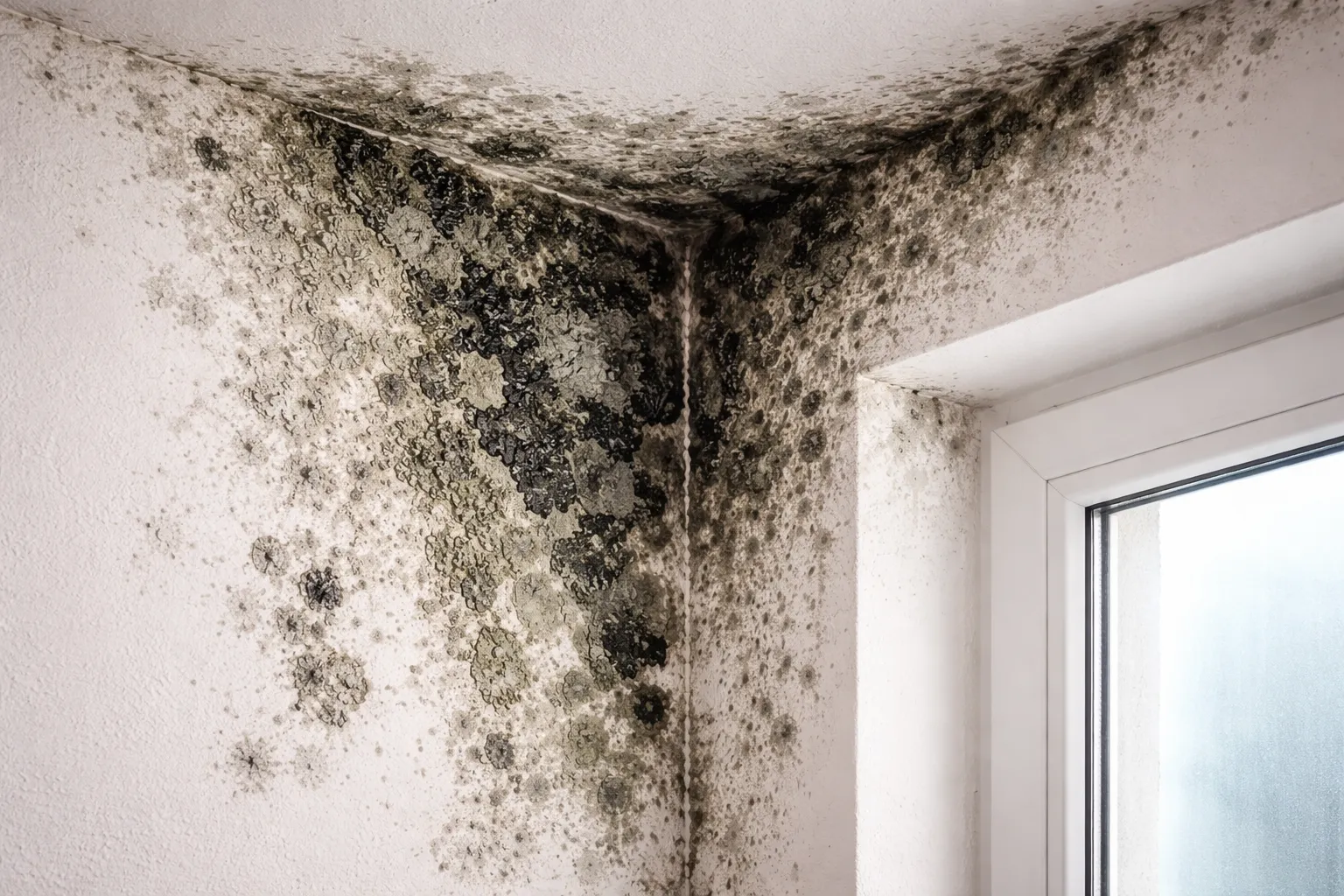 Ernstige schimmelvorming in een vochtige hoek van een kamer bij het raam.