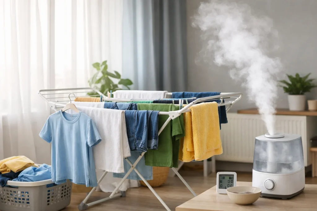 Wasgoed dat binnen droogt op een rek in een lichte woonkamer met luchtbevochtiger.
