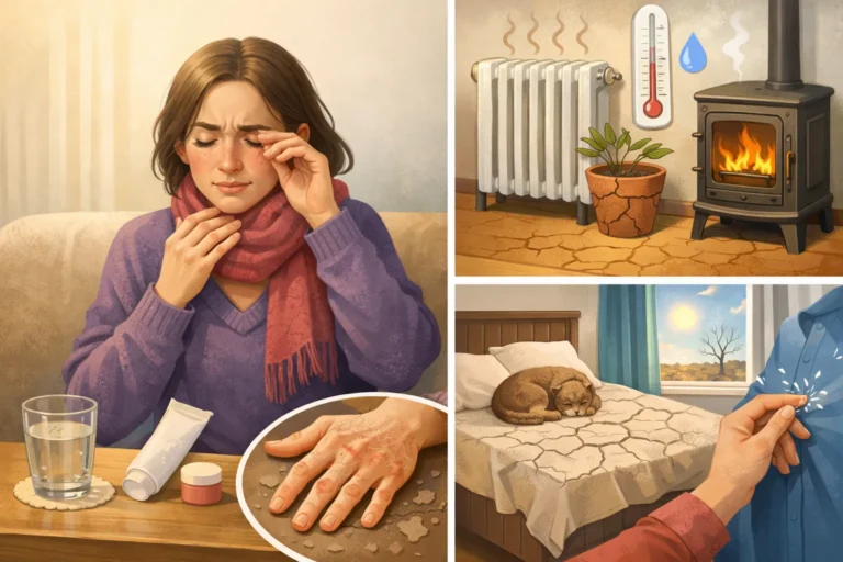 Illustratie van droge huidklachten en verwarming in een droog huis