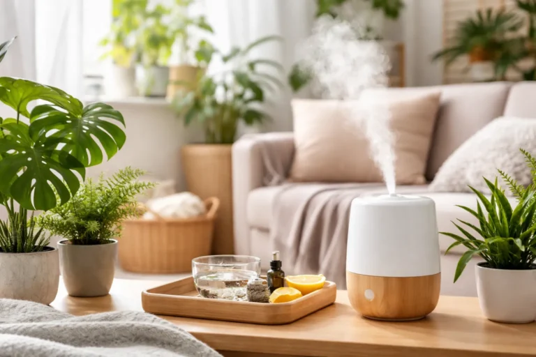 Moderne woonkamer met luchtbevochtiger die zachte mist verspreidt tussen kamerplanten.