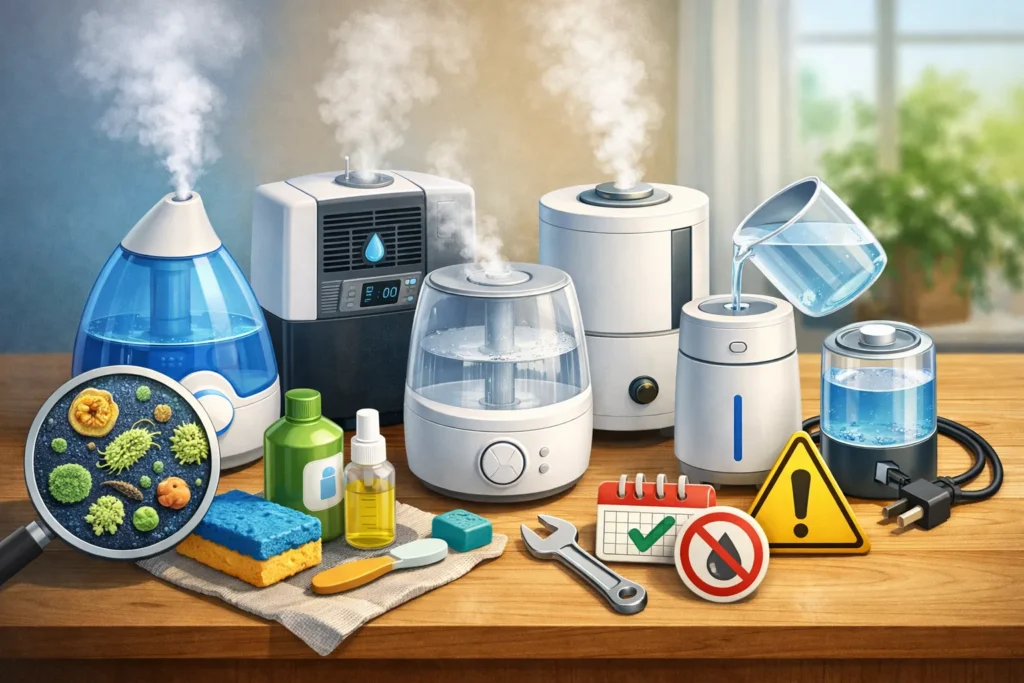 Verschillende luchtbevochtigers met schoonmaak- en onderhoudsaccessoires op tafel.