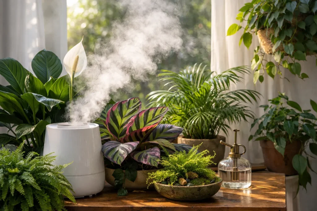 Groene kamerplanten naast een luchtbevochtiger met zichtbare mist bij een zonnig raam.