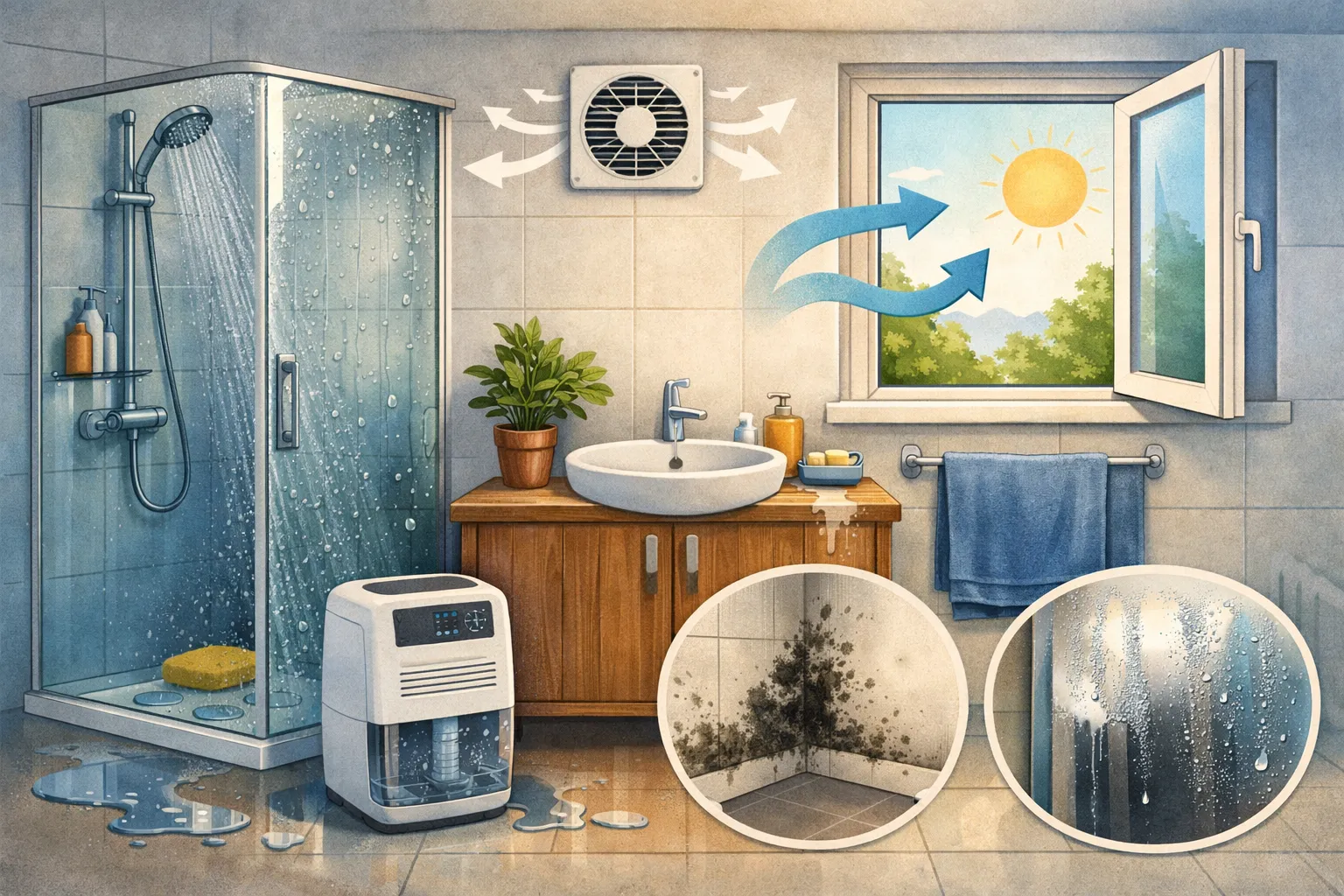 Badkamer met ventilatie, open raam en ontvochtiger tegen schimmel en condens.