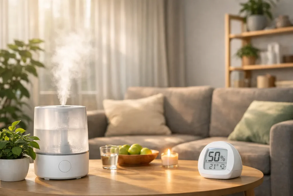 Moderne woonkamer met luchtbevochtiger en hygrometer op tafel