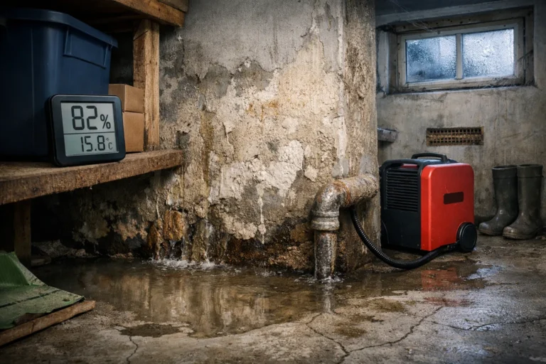 Natte kelder met lekkende muur en luchtontvochtiger