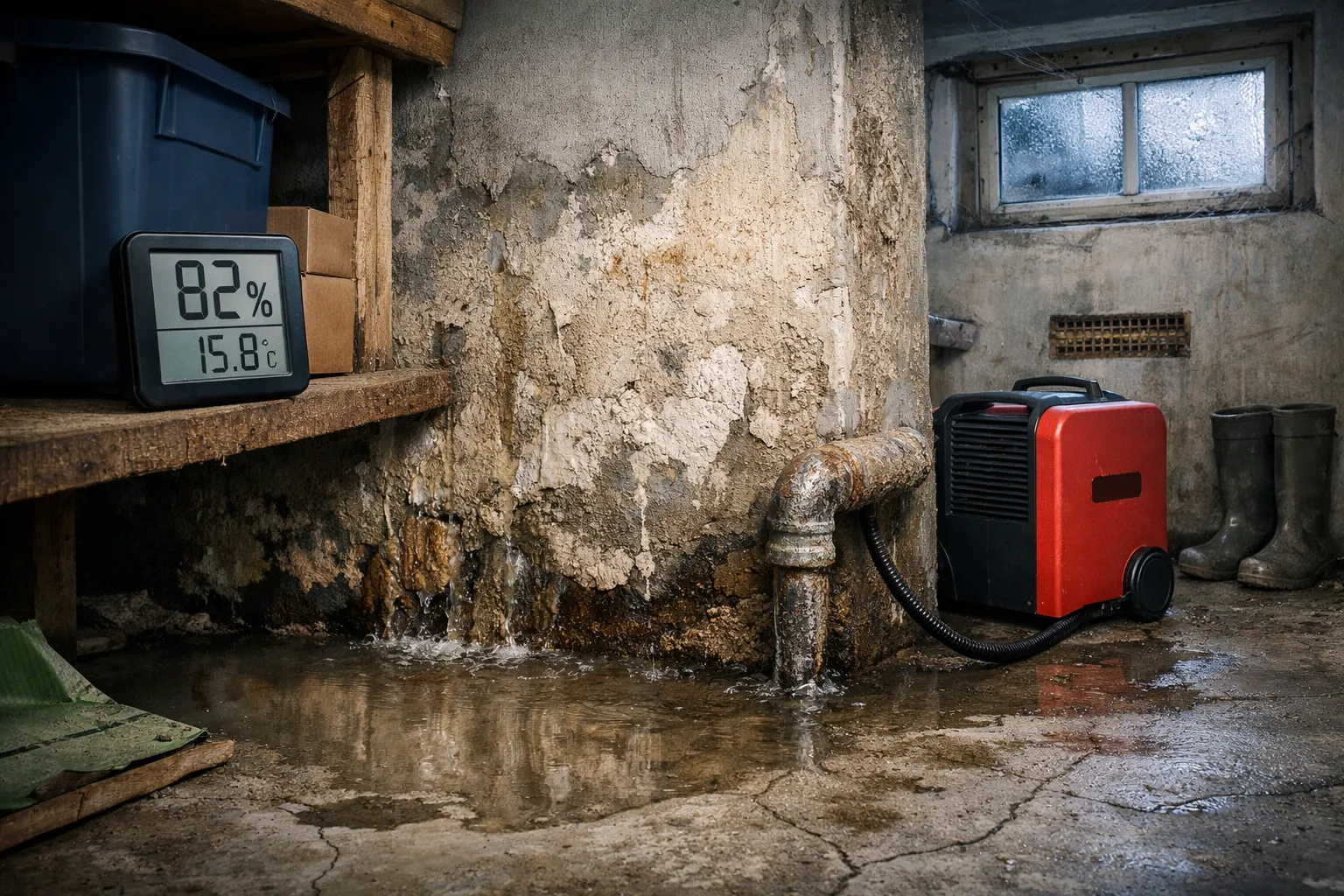 Natte kelder met lekkende muur en luchtontvochtiger