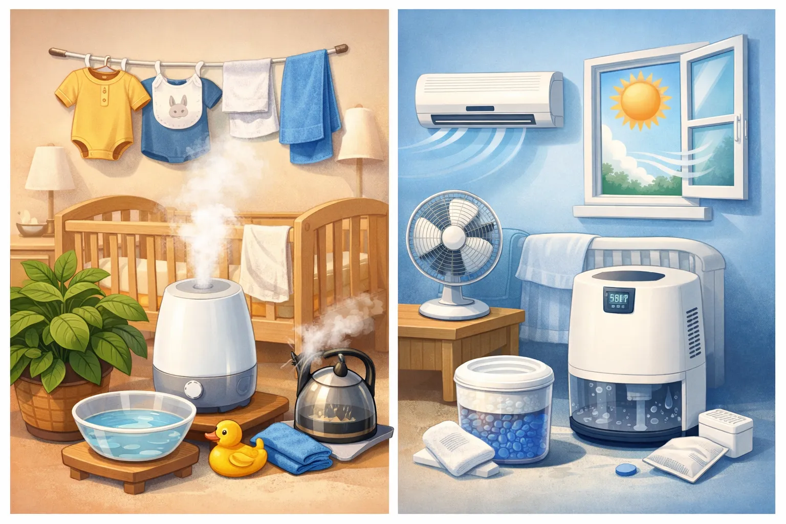 Illustratie van een babykamer met apparaten om de luchtvochtigheid te verhogen en te verlagen.