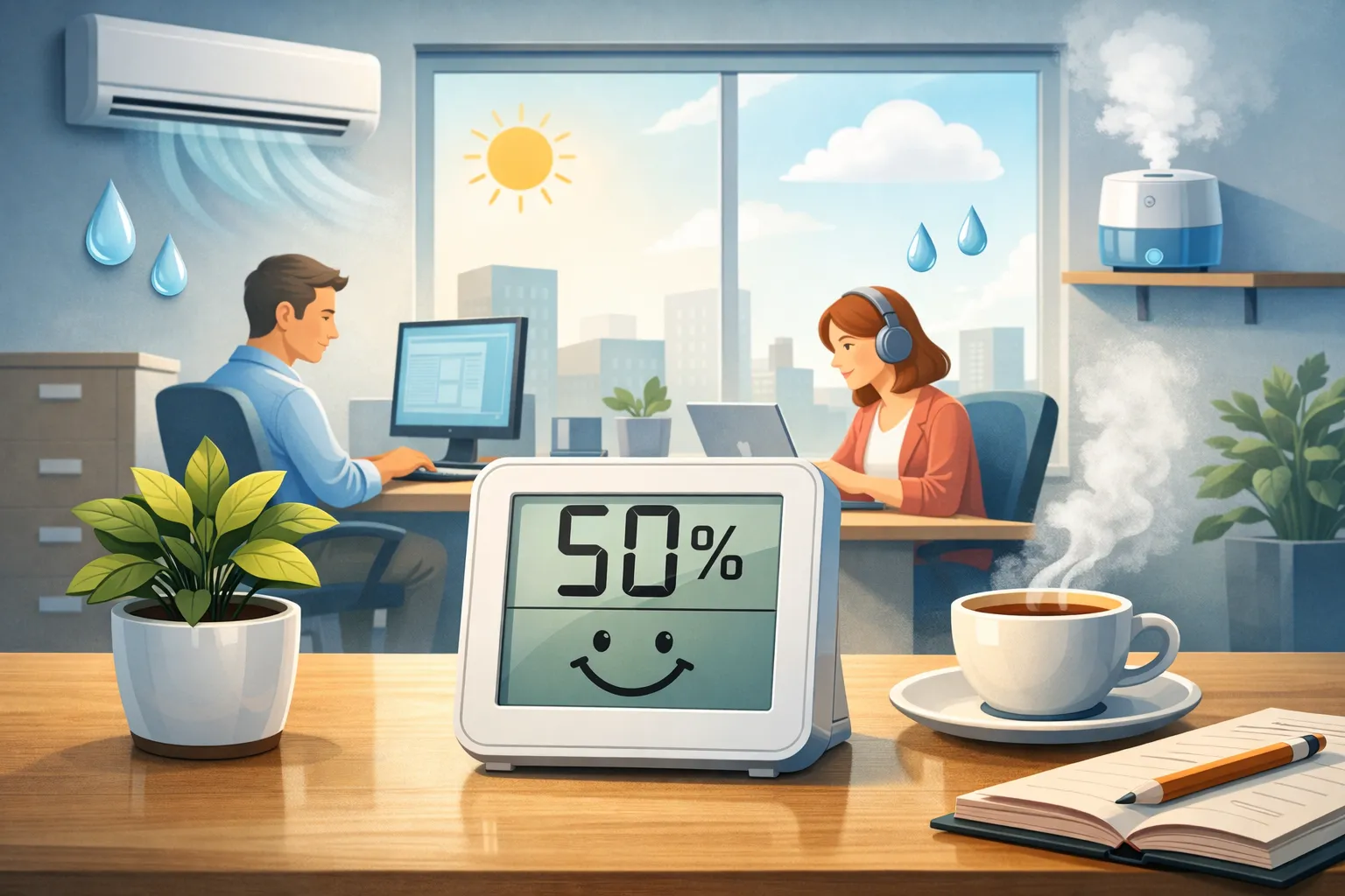 Moderne kantoorruimte met hygrometer op 50% en medewerkers aan het werk.