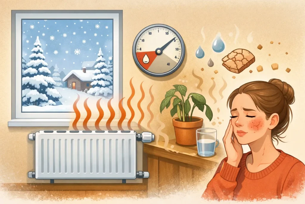 Illustratie van een radiator in een warme kamer met lage luchtvochtigheid terwijl het buiten sneeuwt.