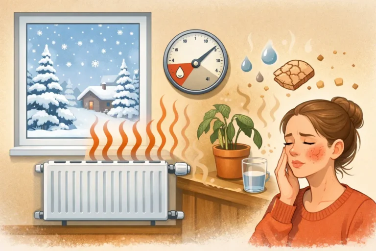 Illustratie van een radiator in een warme kamer met lage luchtvochtigheid terwijl het buiten sneeuwt.