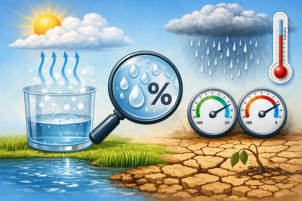 Illustratie van verdamping, regen en meters die relatieve luchtvochtigheid tonen met nat en droog landschap.