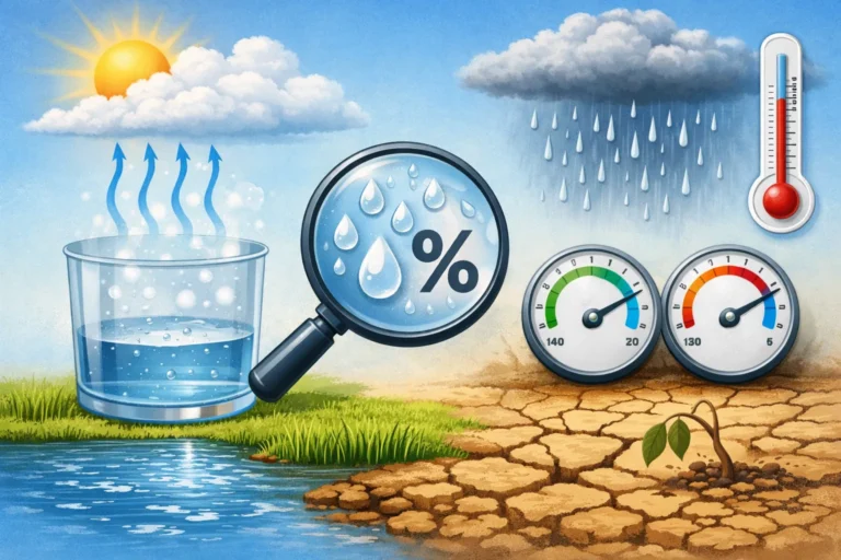 Illustratie van verdamping, regen en meters die relatieve luchtvochtigheid tonen met nat en droog landschap.