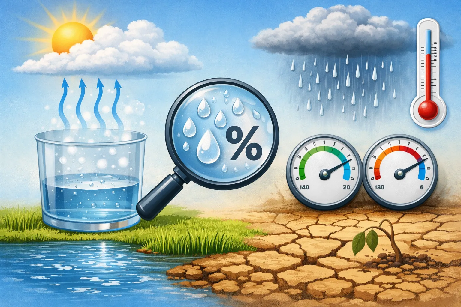 Illustratie van verdamping, regen en meters die relatieve luchtvochtigheid tonen met nat en droog landschap.