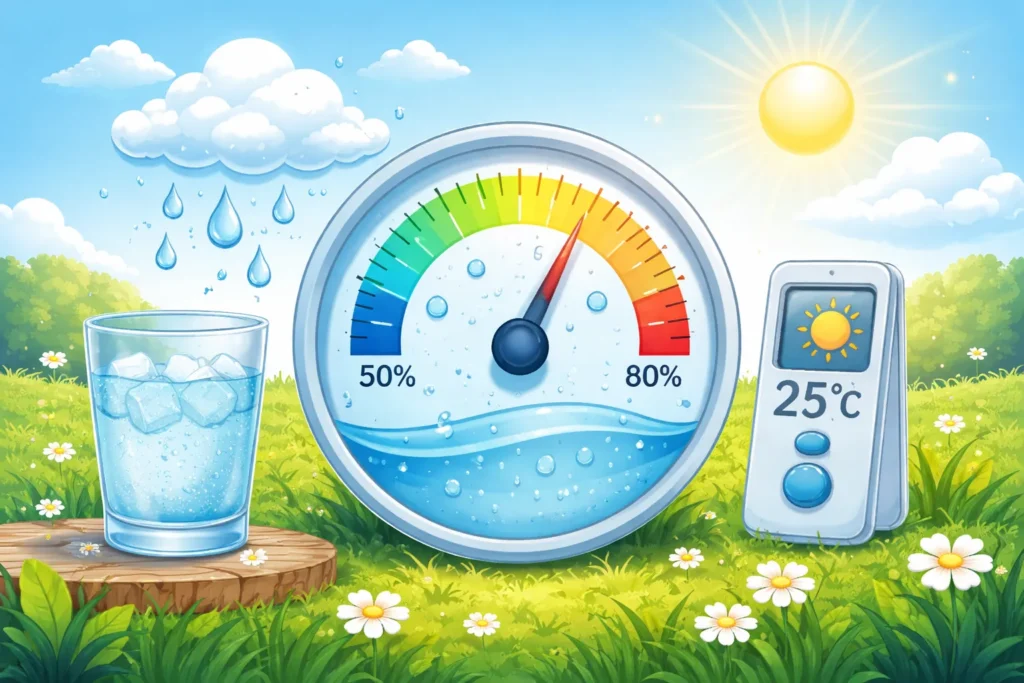 Illustratie van een hygrometer met waterdruppels, zon en thermometer in een groene omgeving.