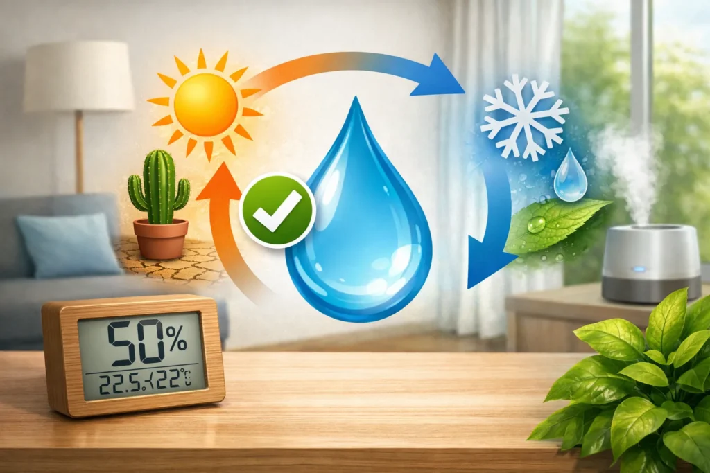 Illustratie van een hygrometer met 50% luchtvochtigheid in een woonkamer met planten en luchtbevochtiger.