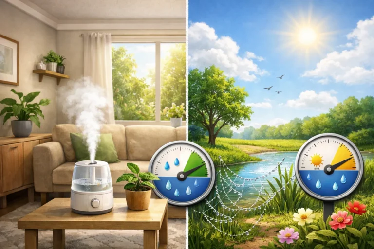 Illustratie met woonkamer en natuur die luchtvochtigheid binnen en buiten vergelijkt.