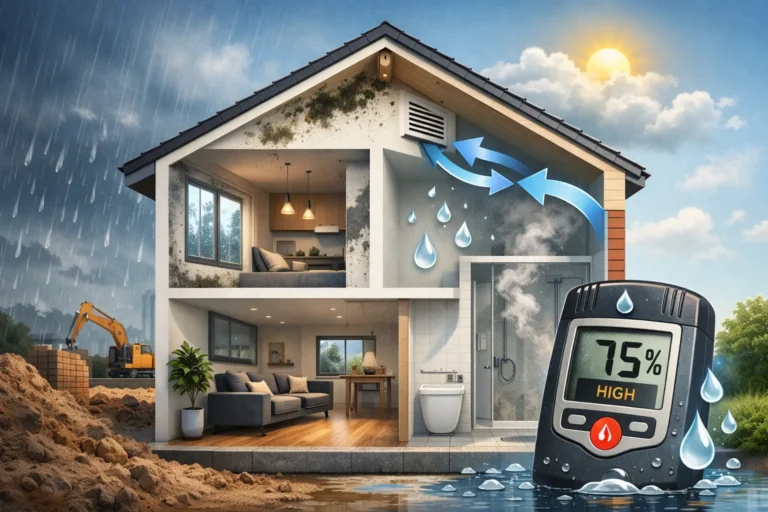 Doorsnede van nieuwbouwhuis met vochtproblemen en ventilatie, regen buiten en hoge luchtvochtigheid binnen.