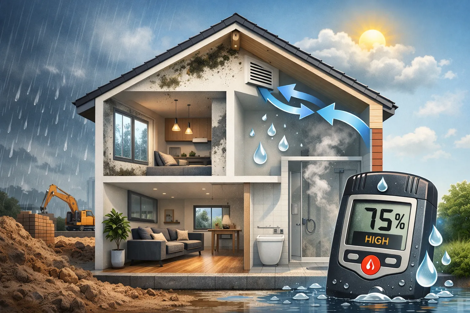 Doorsnede van nieuwbouwhuis met vochtproblemen en ventilatie, regen buiten en hoge luchtvochtigheid binnen.