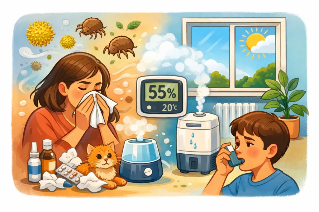 Vrouw met allergie en jongen met inhalator in kamer met luchtbevochtiger en hygrometer.