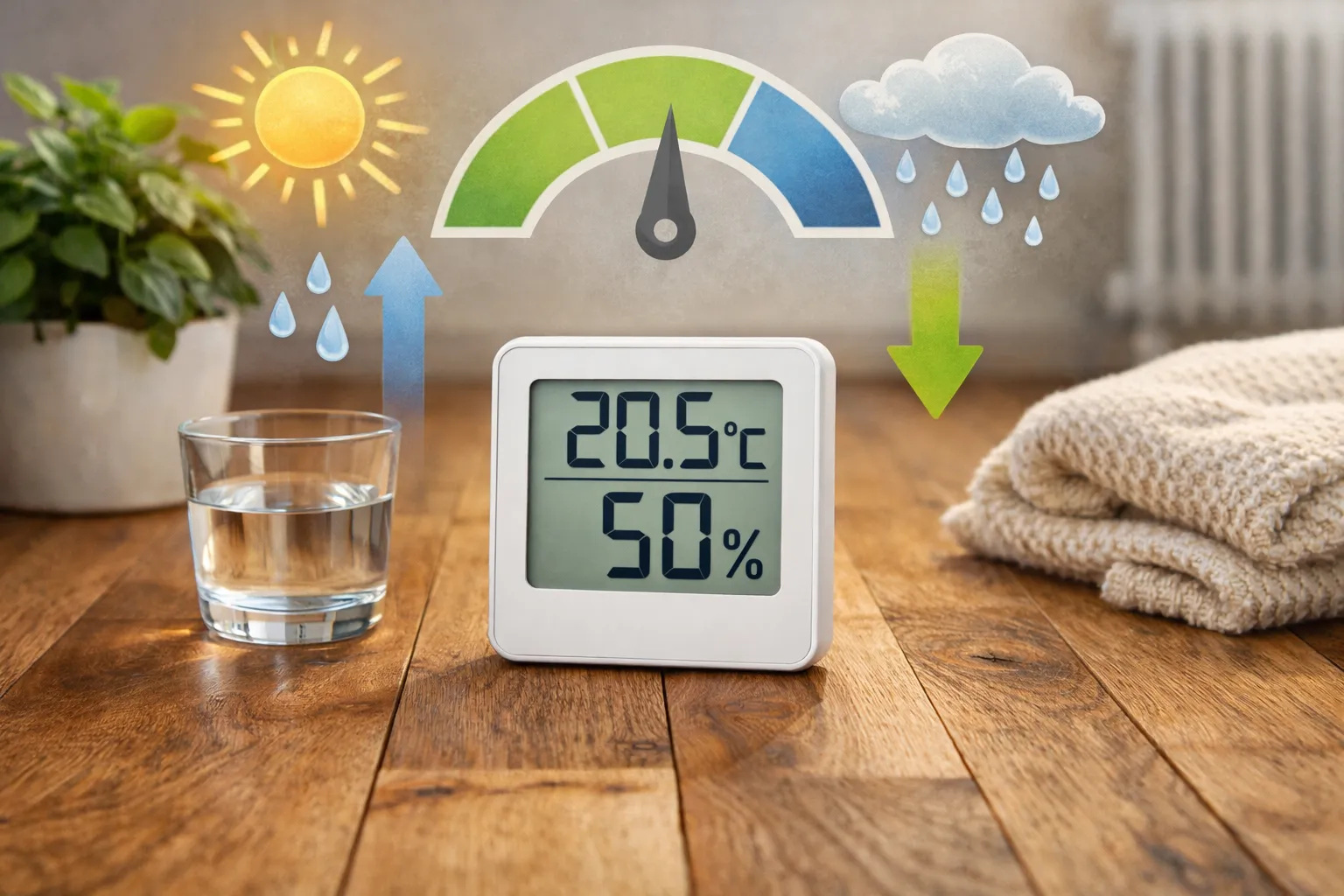 Hygrometer op houten vloer met 50% luchtvochtigheid en 20,5°C in huiselijke setting.