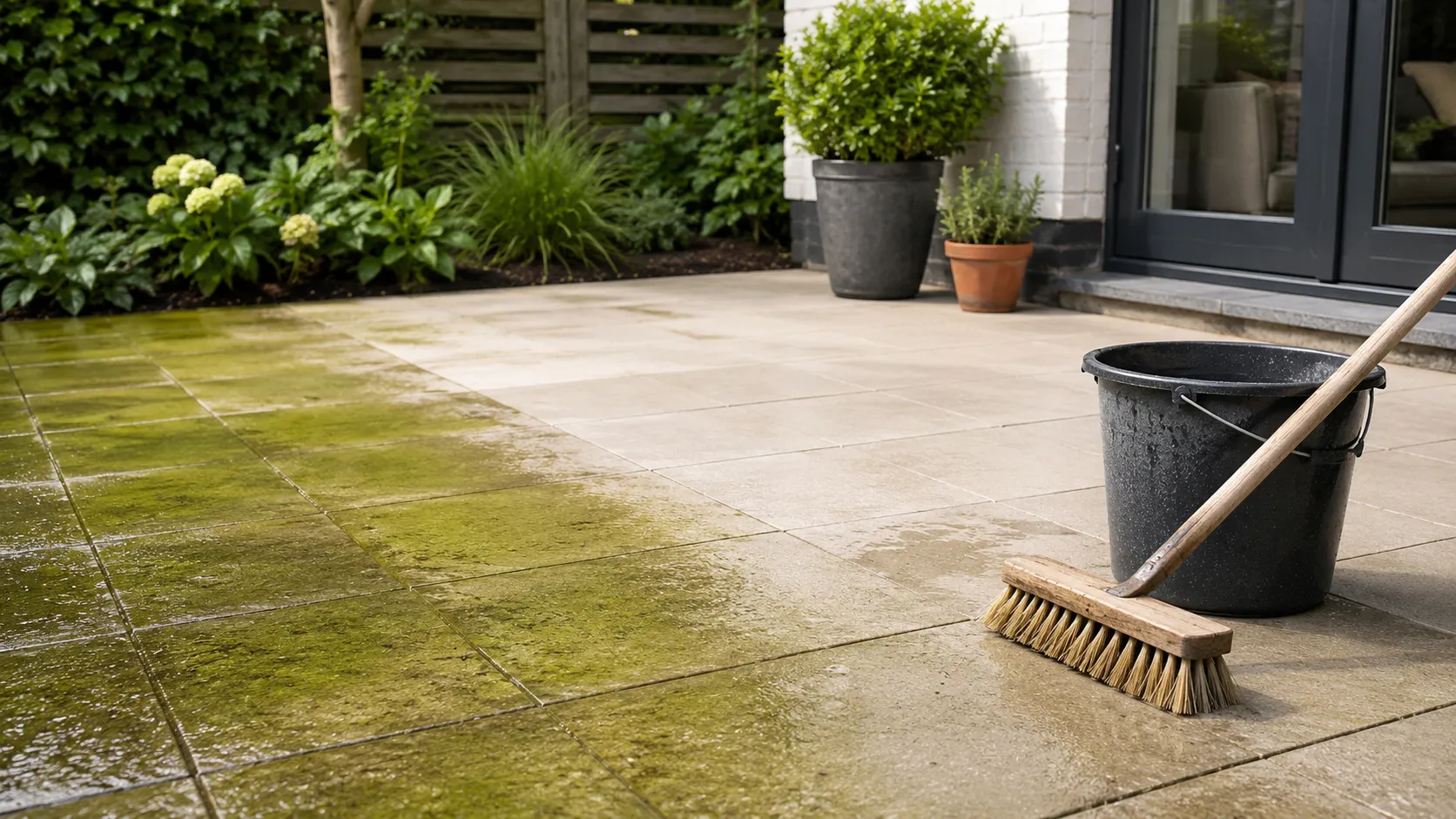 groene aanslag terrastegels